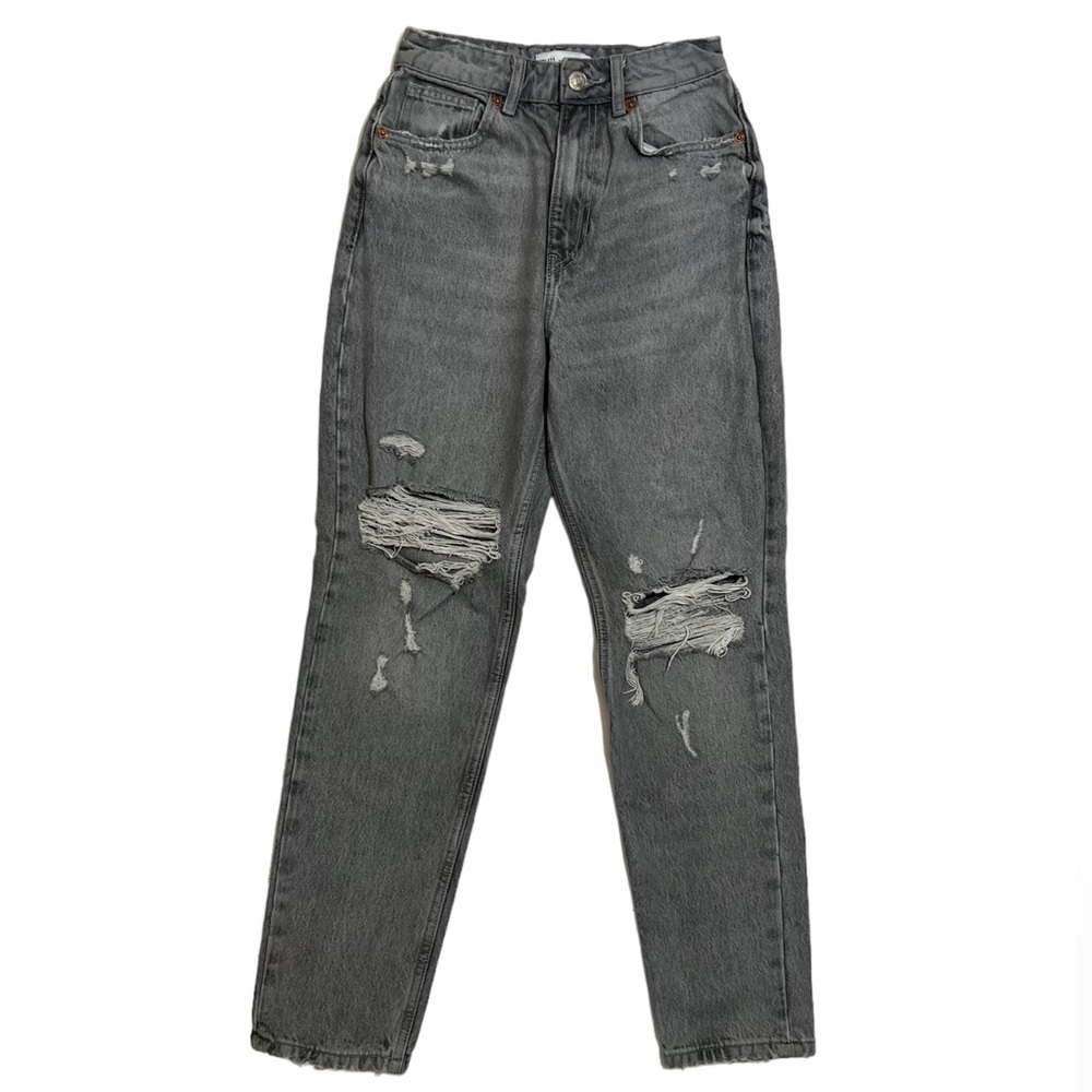 Zara Gray Distressed High Waist Mom Jeans